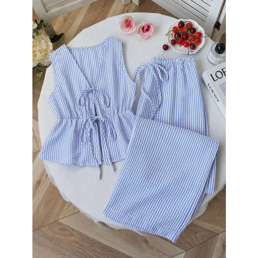 Striped Tie-Front Sleeveless Top and Pants Set Royal Blue / S Apparel and Accessories