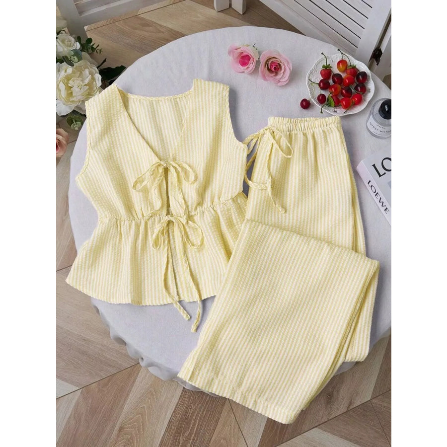 Striped Tie-Front Sleeveless Top and Pants Set Yellow / S Apparel and Accessories