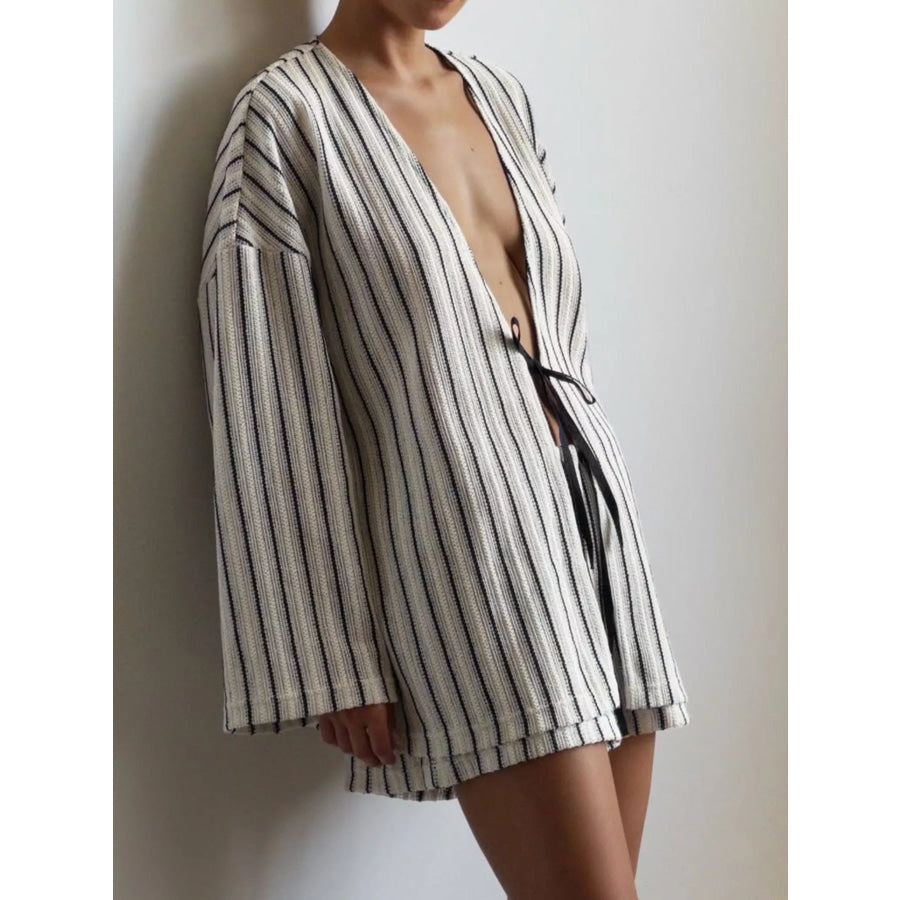 Striped Tie Front Top and Shorts Lounge Set Apparel and Accessories