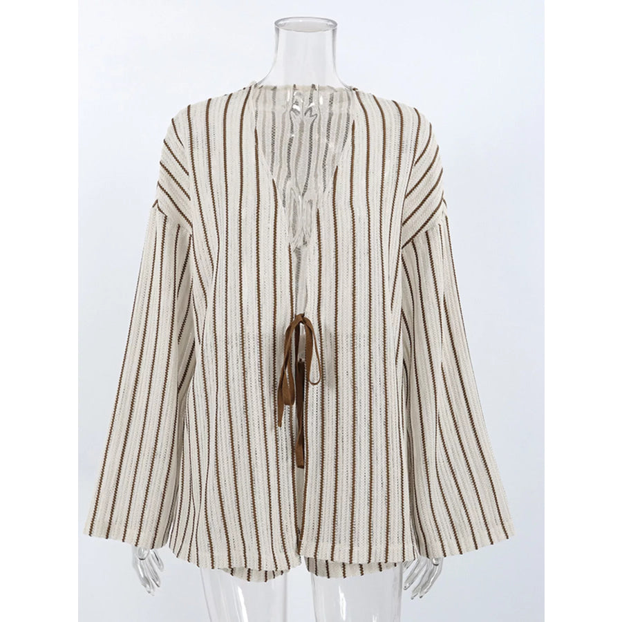 Striped Tie Front Top and Shorts Lounge Set Apparel and Accessories