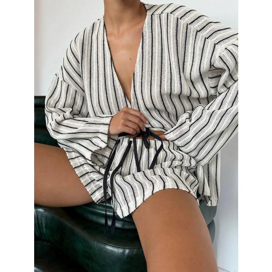Striped Tie Front Top and Shorts Lounge Set Black / S Apparel and Accessories
