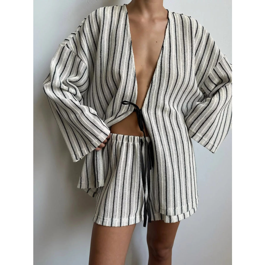 Striped Tie Front Top and Shorts Lounge Set Black / S Apparel and Accessories