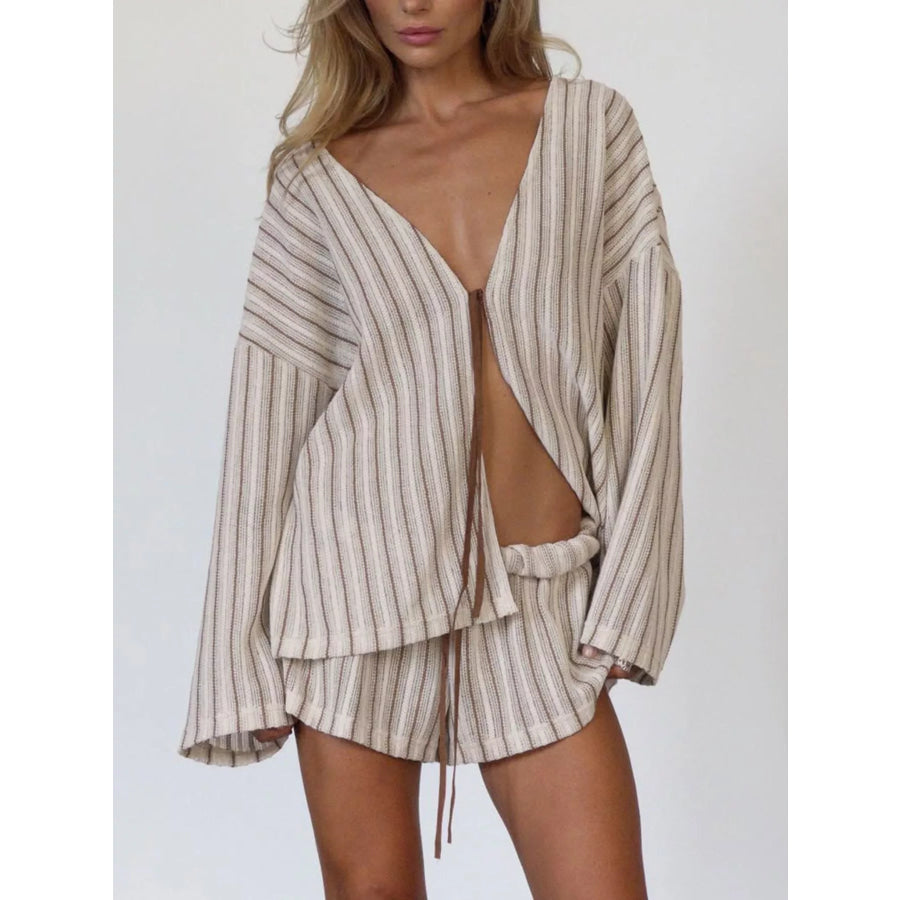 Striped Tie Front Top and Shorts Lounge Set Camel / S Apparel and Accessories