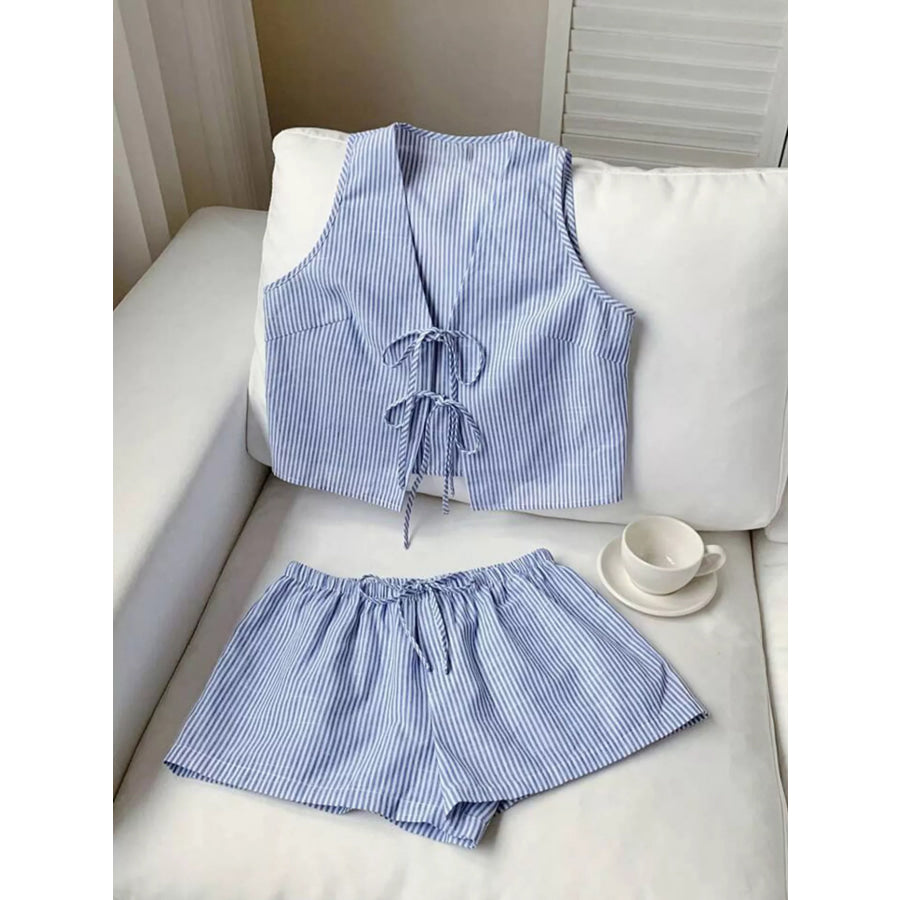 Striped Tie-Front Vest and Shorts Set Blue / S Apparel and Accessories