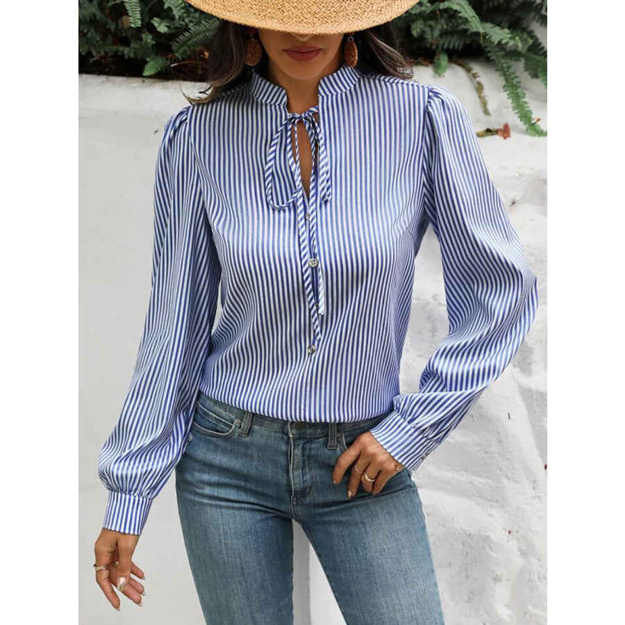 Striped Tie Neck Long Sleeve Blouse Apparel and Accessories