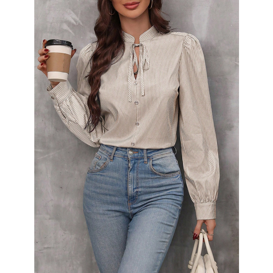 Striped Tie Neck Long Sleeve Blouse Apparel and Accessories