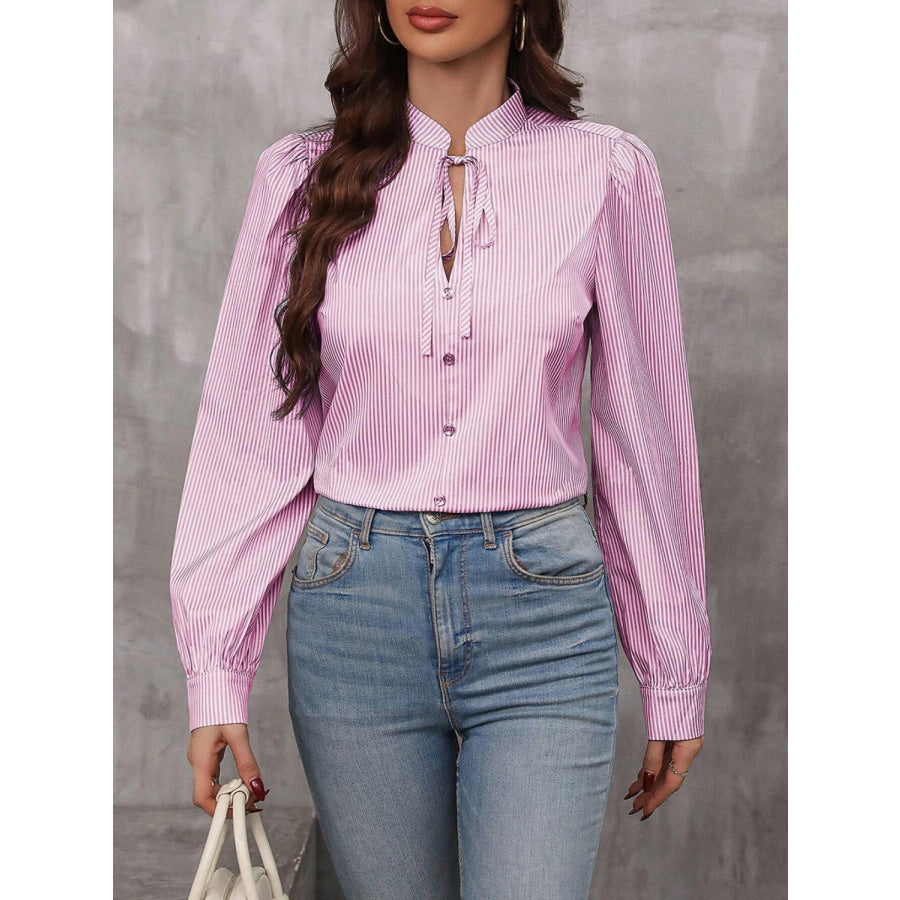 Striped Tie Neck Long Sleeve Blouse Apparel and Accessories