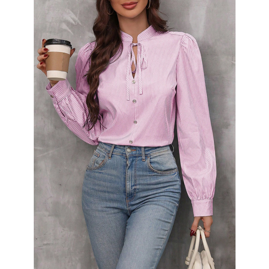 Striped Tie Neck Long Sleeve Blouse Apparel and Accessories