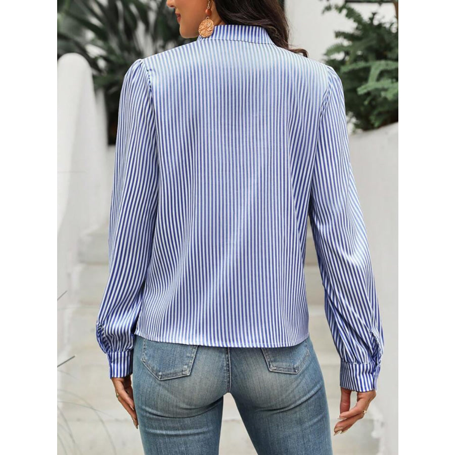 Striped Tie Neck Long Sleeve Blouse Apparel and Accessories