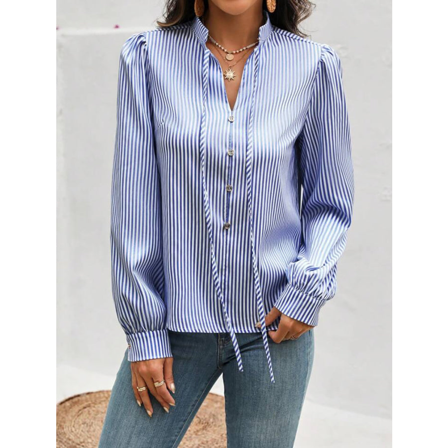 Striped Tie Neck Long Sleeve Blouse Apparel and Accessories