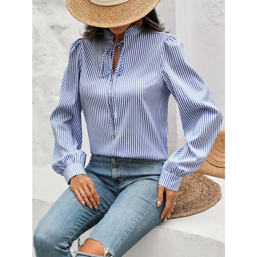 Striped Tie Neck Long Sleeve Blouse Apparel and Accessories