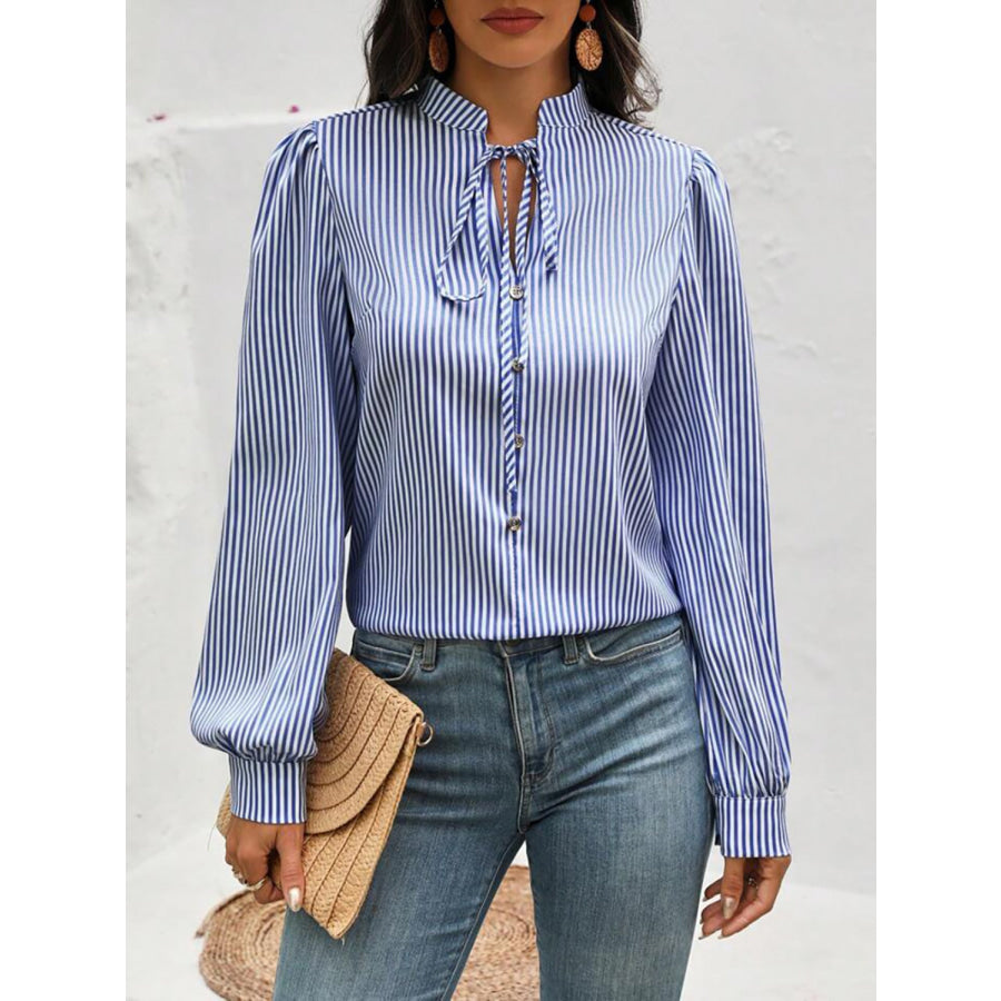 Striped Tie Neck Long Sleeve Blouse Dusty Blue / S Apparel and Accessories