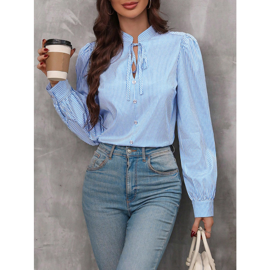 Striped Tie Neck Long Sleeve Blouse Light Blue / S Apparel and Accessories