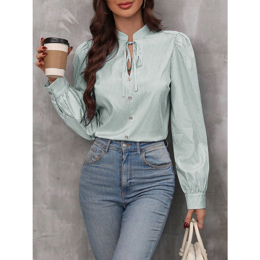 Striped Tie Neck Long Sleeve Blouse Light Green / S Apparel and Accessories