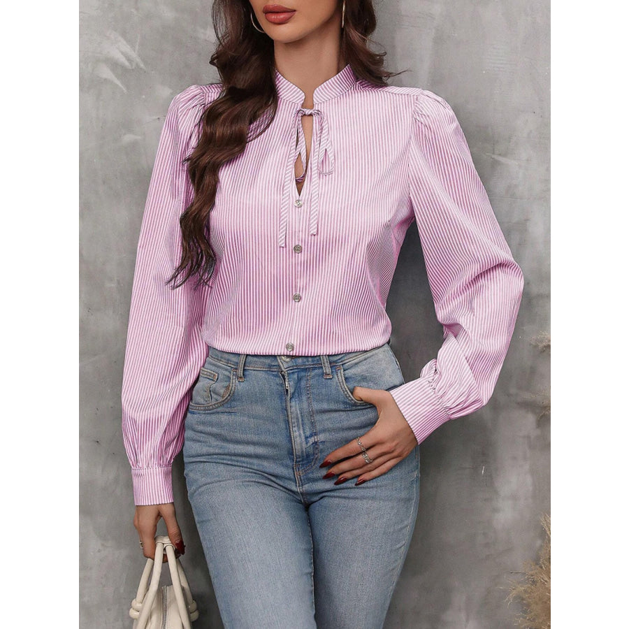 Striped Tie Neck Long Sleeve Blouse Pink / S Apparel and Accessories