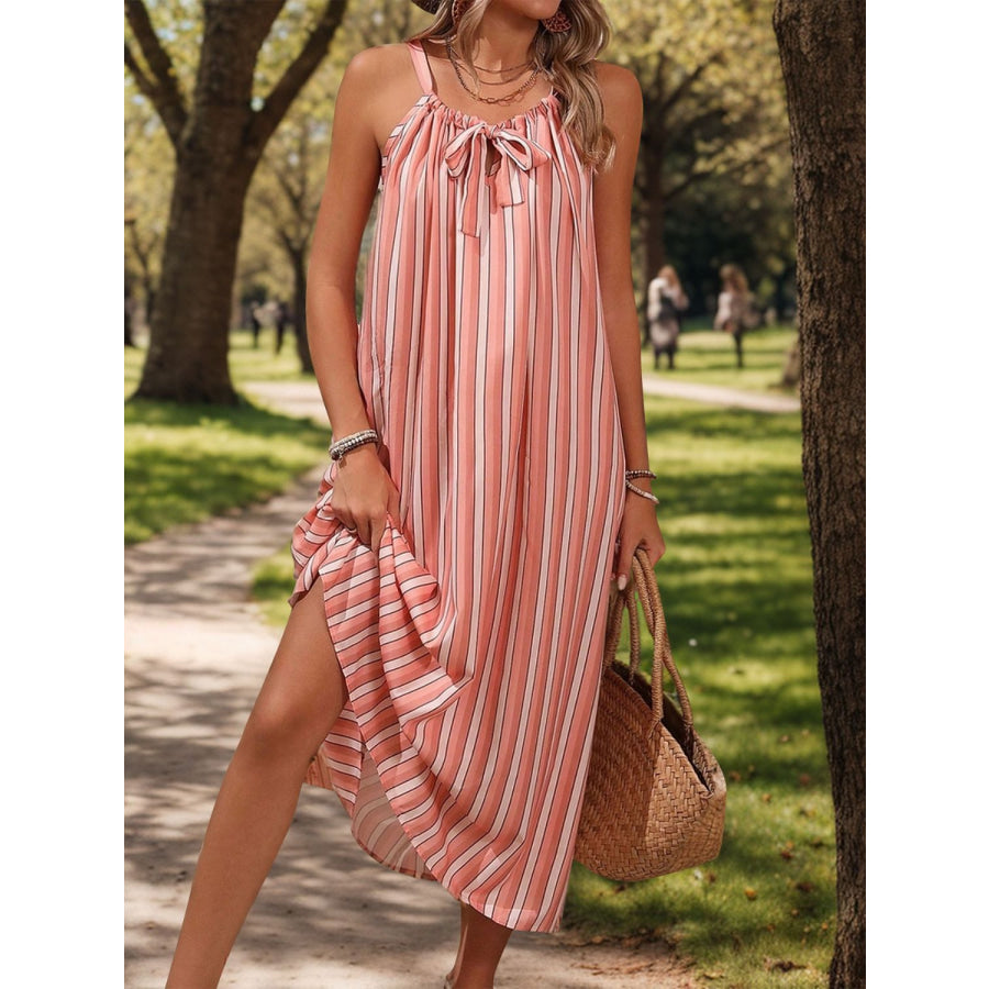 Striped Tie Neck Midi Cami Dress Apparel and Accessories