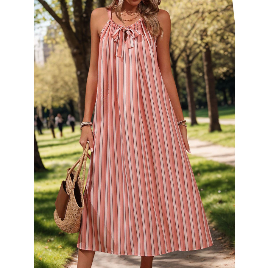 Striped Tie Neck Midi Cami Dress Burnt Coral / S Apparel and Accessories