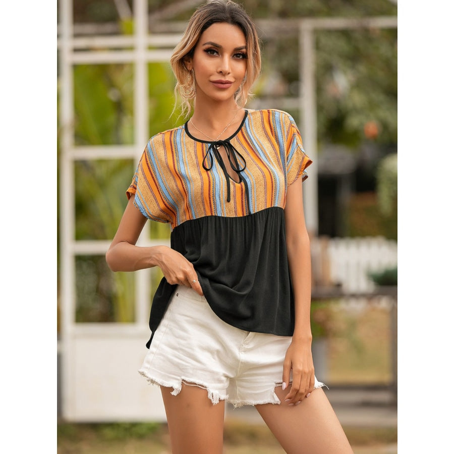 Striped Tie Neck Short Sleeve Blouse Black / S