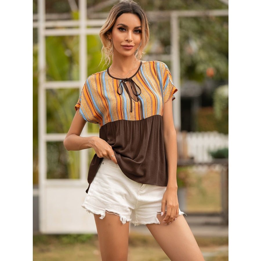 Striped Tie Neck Short Sleeve Blouse Chocolate / S