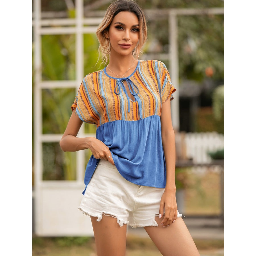 Striped Tie Neck Short Sleeve Blouse Cobalt Blue / S