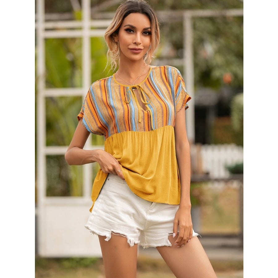 Striped Tie Neck Short Sleeve Blouse Mustard / S