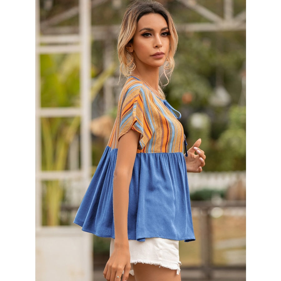 Striped Tie Neck Short Sleeve Blouse