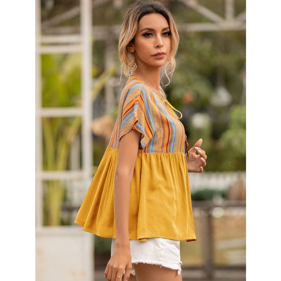 Striped Tie Neck Short Sleeve Blouse