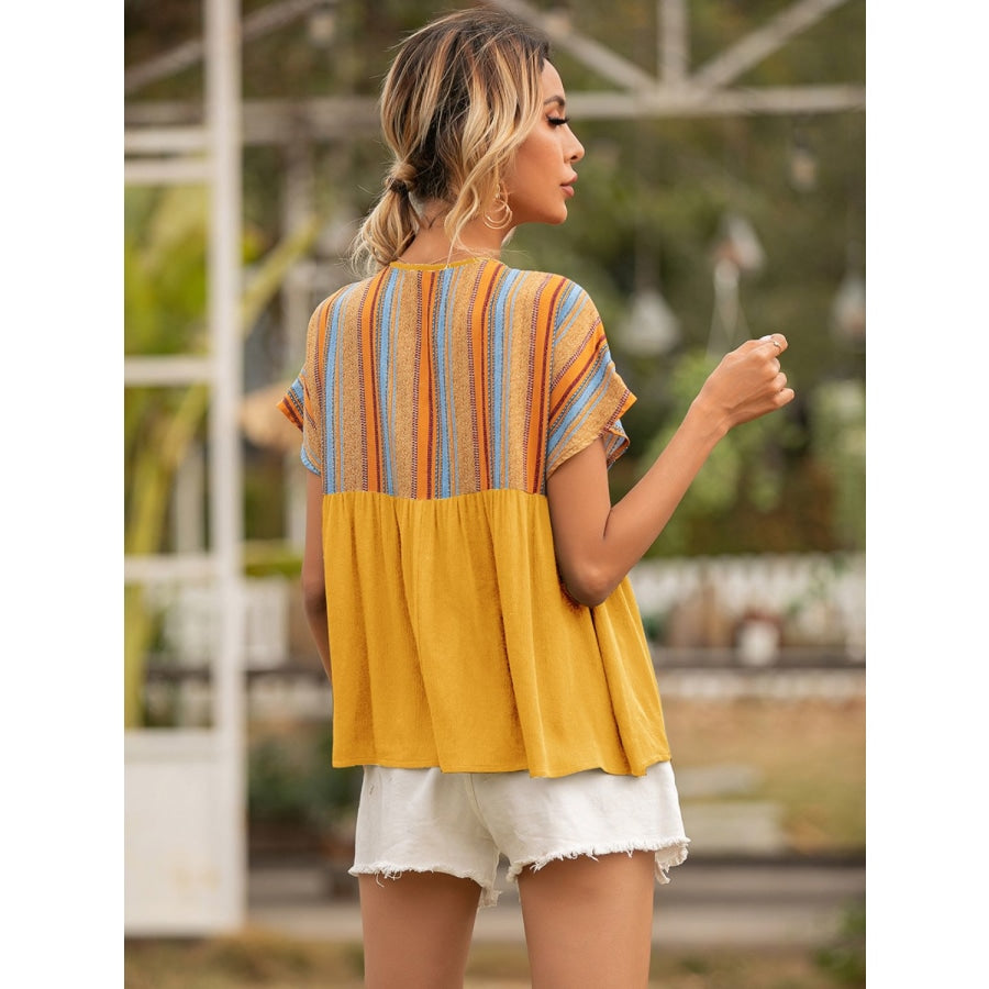 Striped Tie Neck Short Sleeve Blouse