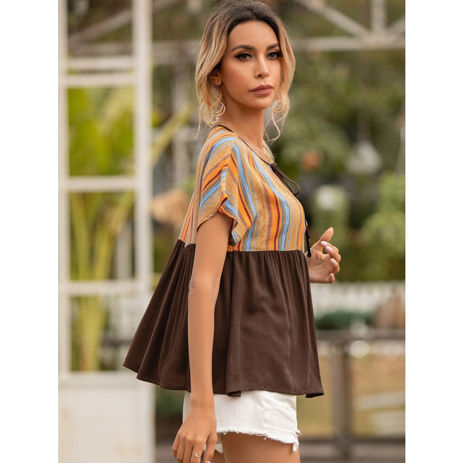 Striped Tie Neck Short Sleeve Blouse