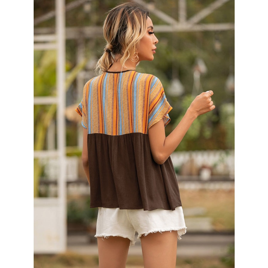 Striped Tie Neck Short Sleeve Blouse