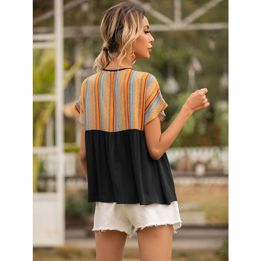 Striped Tie Neck Short Sleeve Blouse Black / S