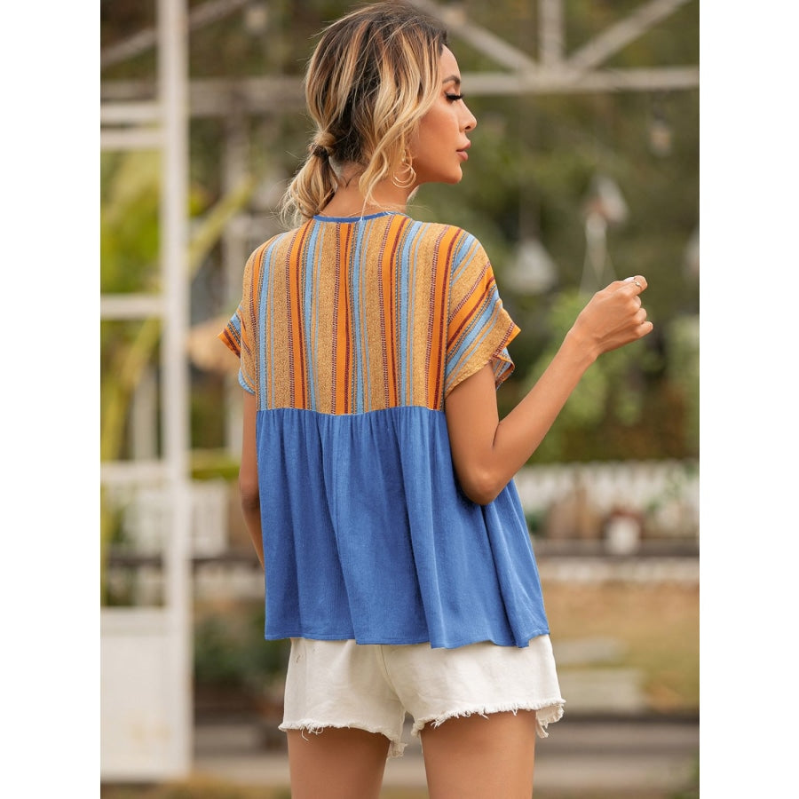 Striped Tie Neck Short Sleeve Blouse