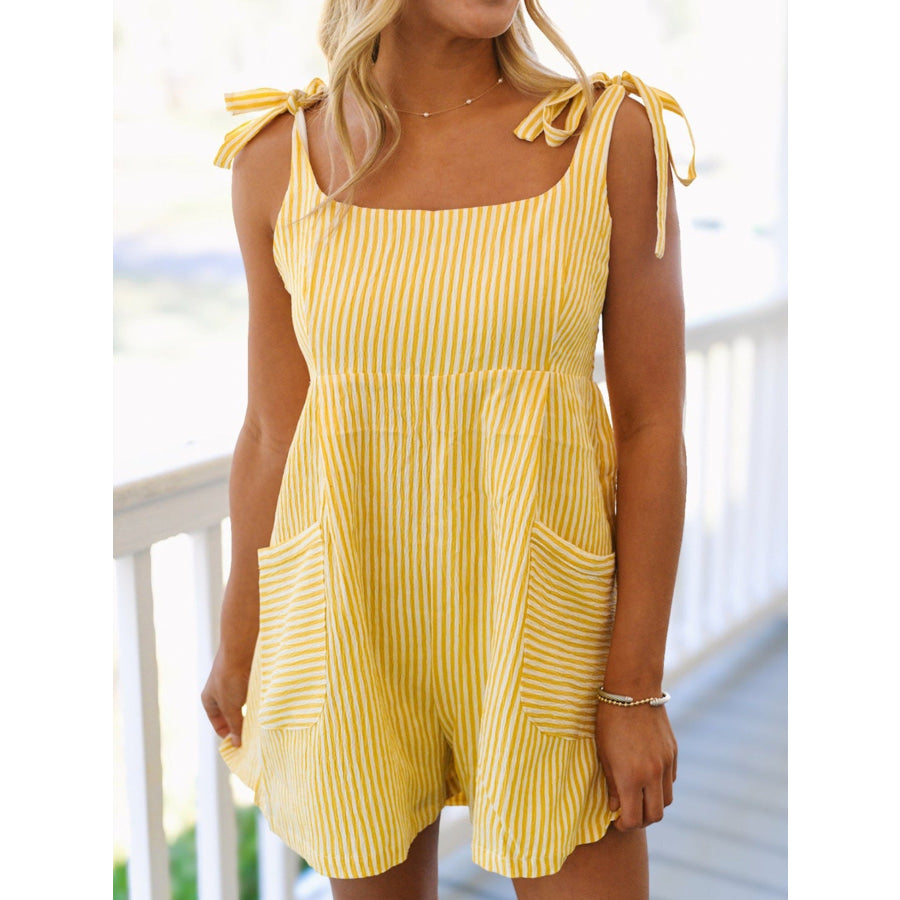 Striped Tie-Shoulder Casual Romper Pastel Yellow / S Apparel and Accessories