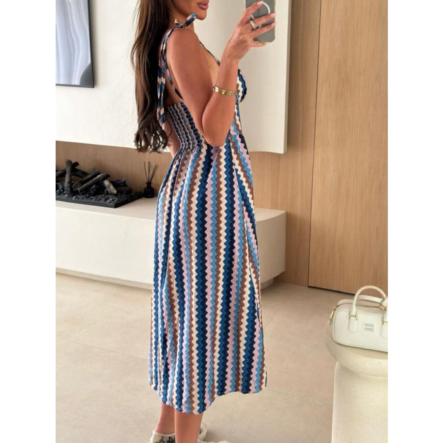 Striped Tie-Shoulder Midi Dress Apparel and Accessories