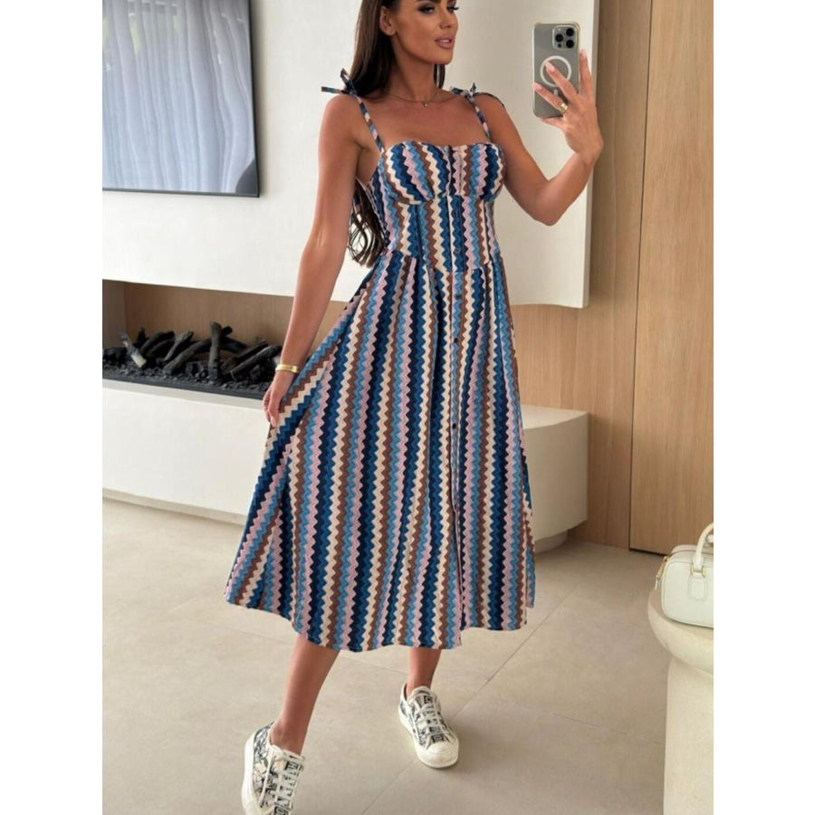 Striped Tie-Shoulder Midi Dress Dusty Blue / S Apparel and Accessories