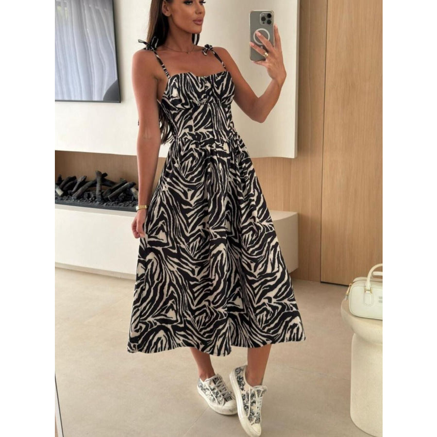Striped Tie-Shoulder Midi Dress Black / S Apparel and Accessories