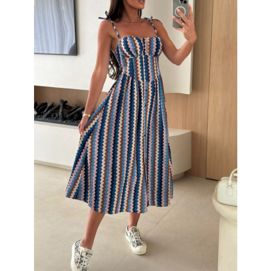 Striped Tie-Shoulder Midi Dress Dusty Blue / S Apparel and Accessories