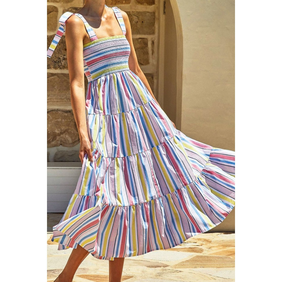 Striped Tie-Shoulder Smocked Tiered Dress Stripe / S