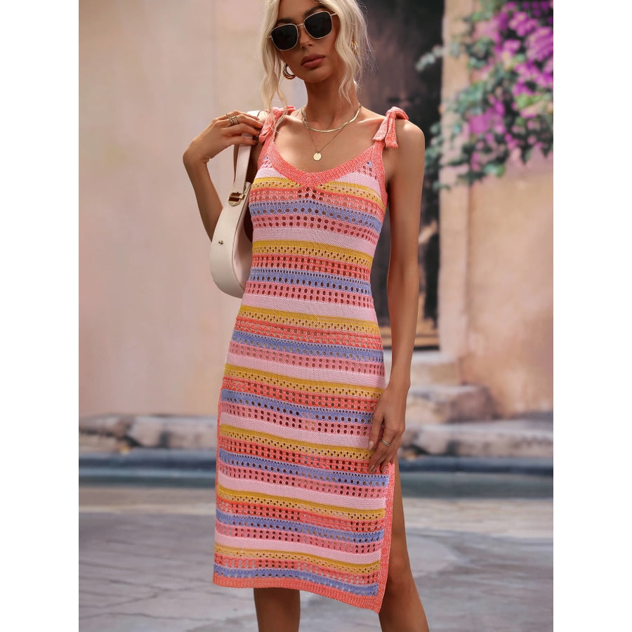 Striped Tie Shoulder Split Cover Up Dress