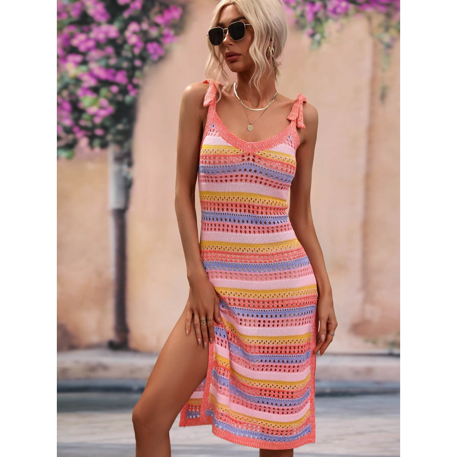 Striped Tie Shoulder Split Cover Up Dress