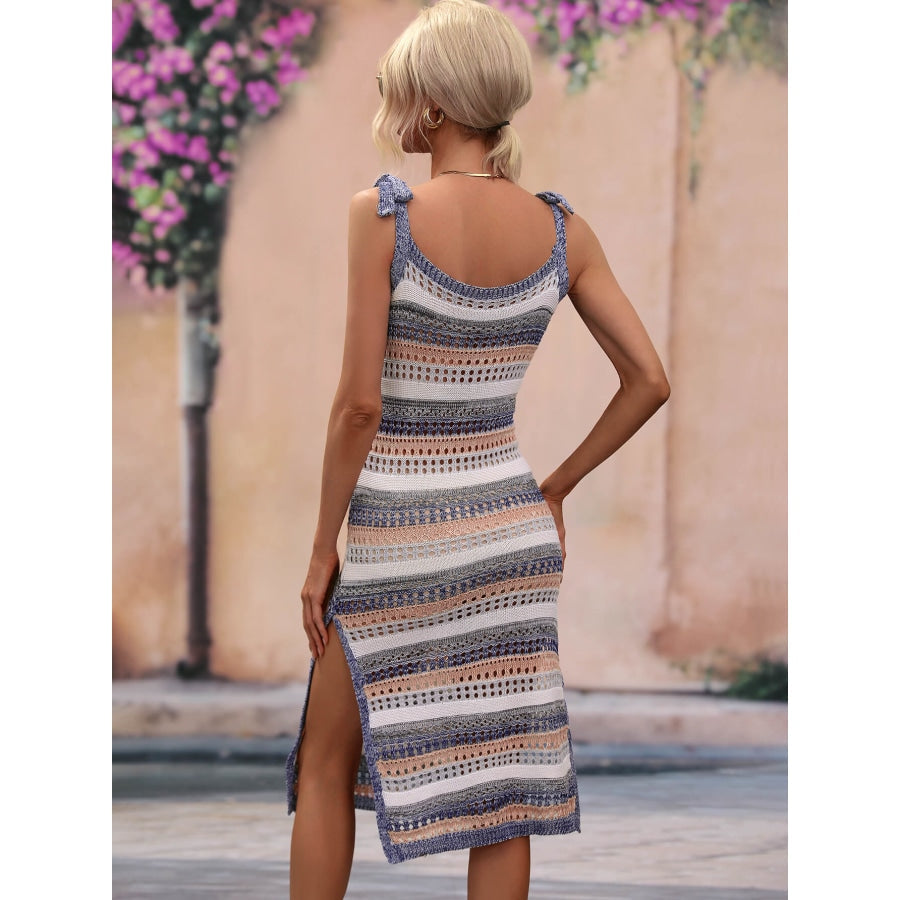 Striped Tie Shoulder Split Cover Up Dress