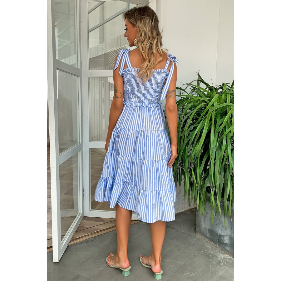 Striped Tie-Shoulder Tiered Dress