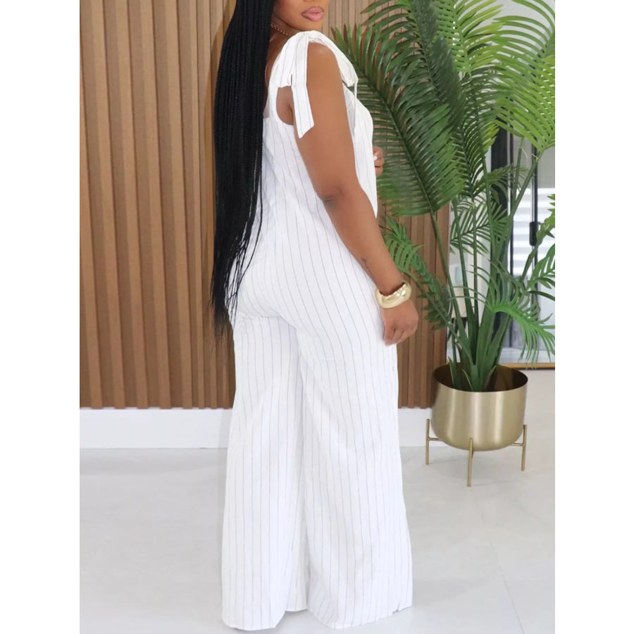 Striped Tie-Shoulder Wide Leg Jumpsuit Apparel and Accessories