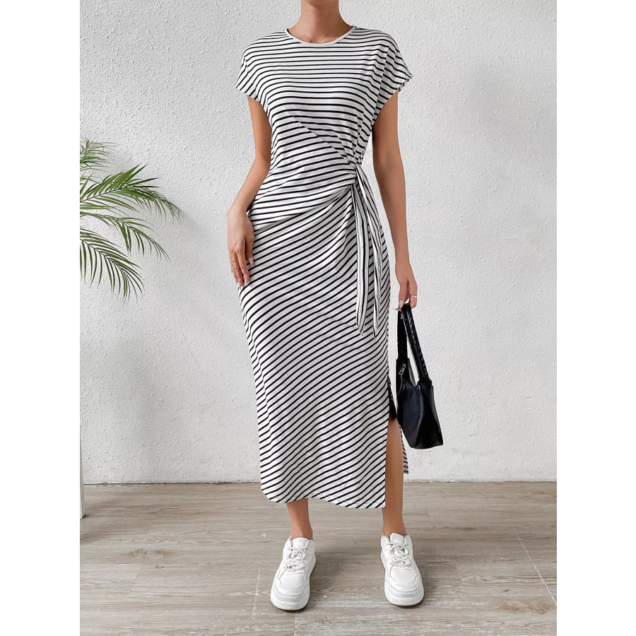 Striped Tie Side Casual Midi Dress Apparel and Accessories