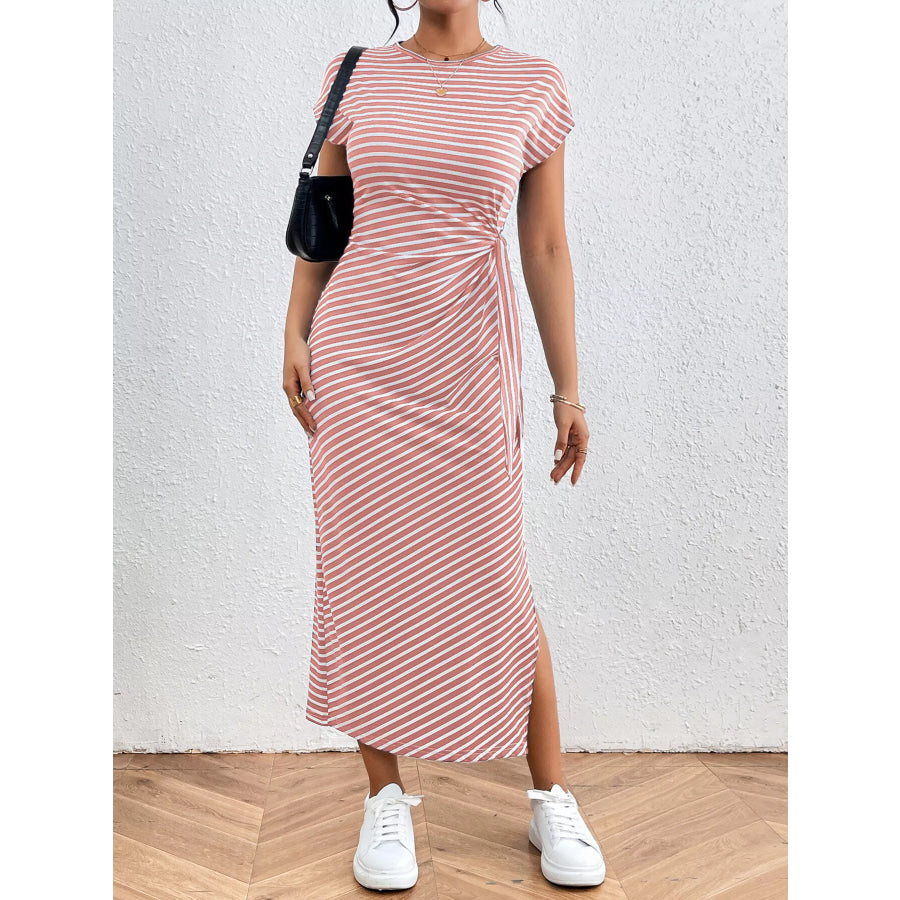 Striped Tie Side Casual Midi Dress Apparel and Accessories