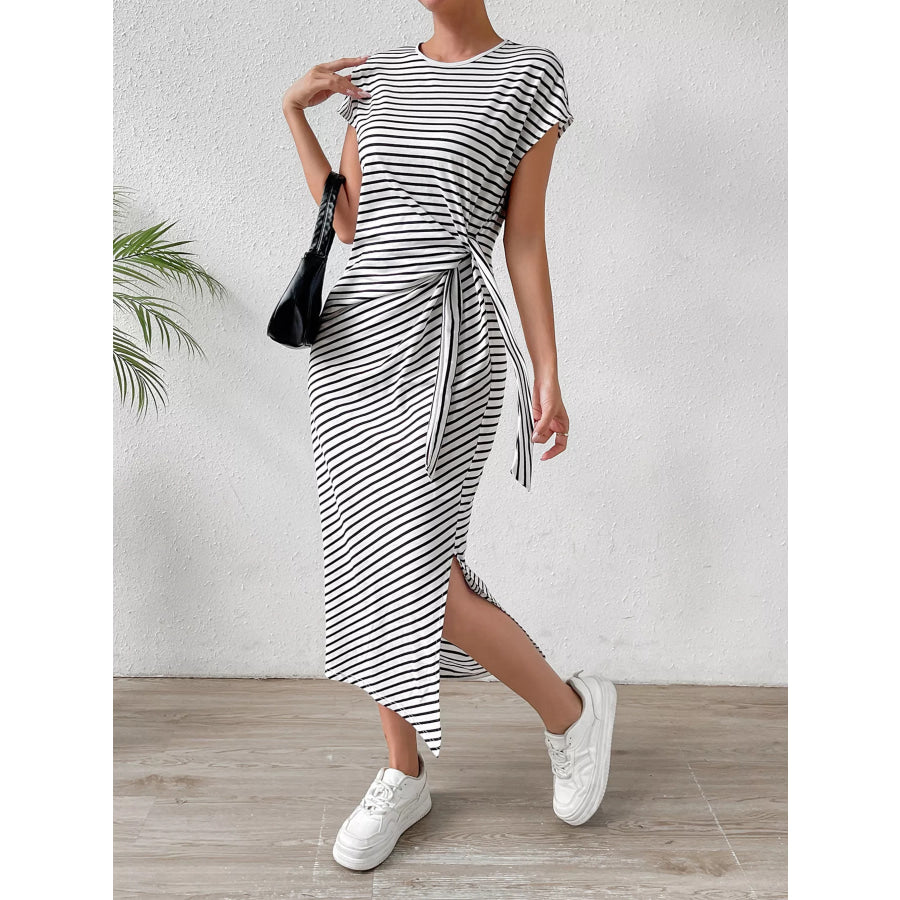 Striped Tie Side Casual Midi Dress Apparel and Accessories