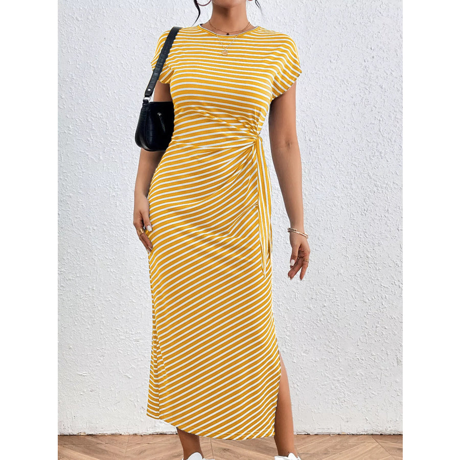 Striped Tie Side Casual Midi Dress Apparel and Accessories