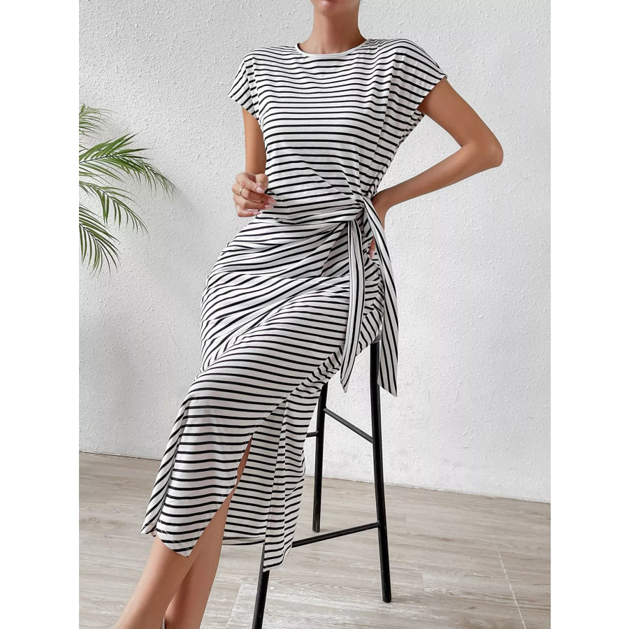 Striped Tie Side Casual Midi Dress Apparel and Accessories