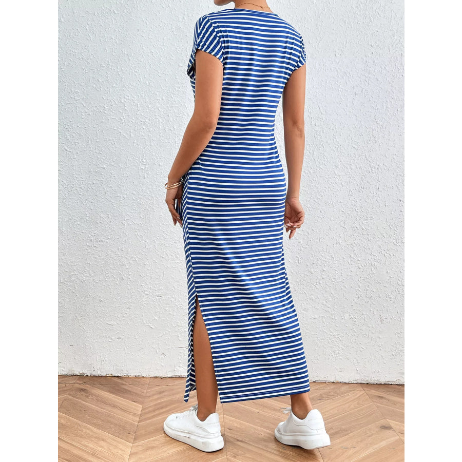 Striped Tie Side Casual Midi Dress Apparel and Accessories