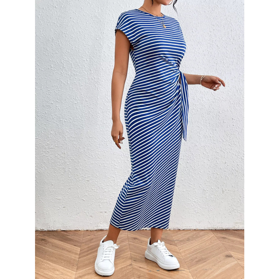 Striped Tie Side Casual Midi Dress Apparel and Accessories